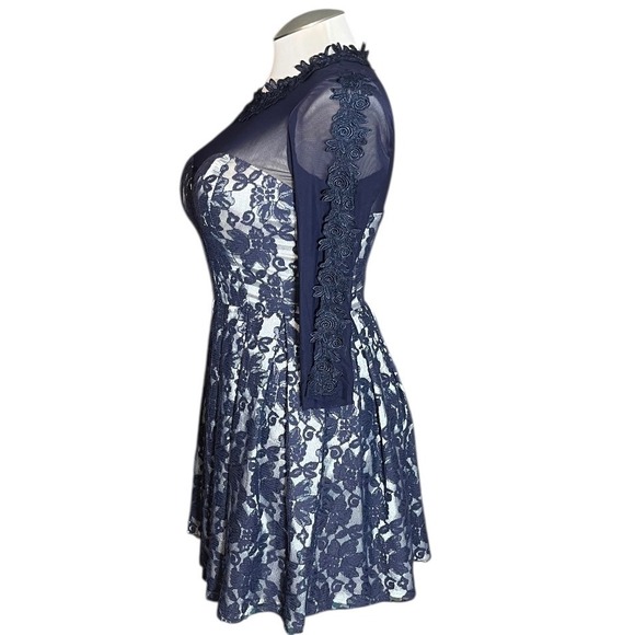 Chi Chi London Navy Lace Illusion Neck Long Sleeve Pleated Fit Flare Dress - Picture 2 of 8